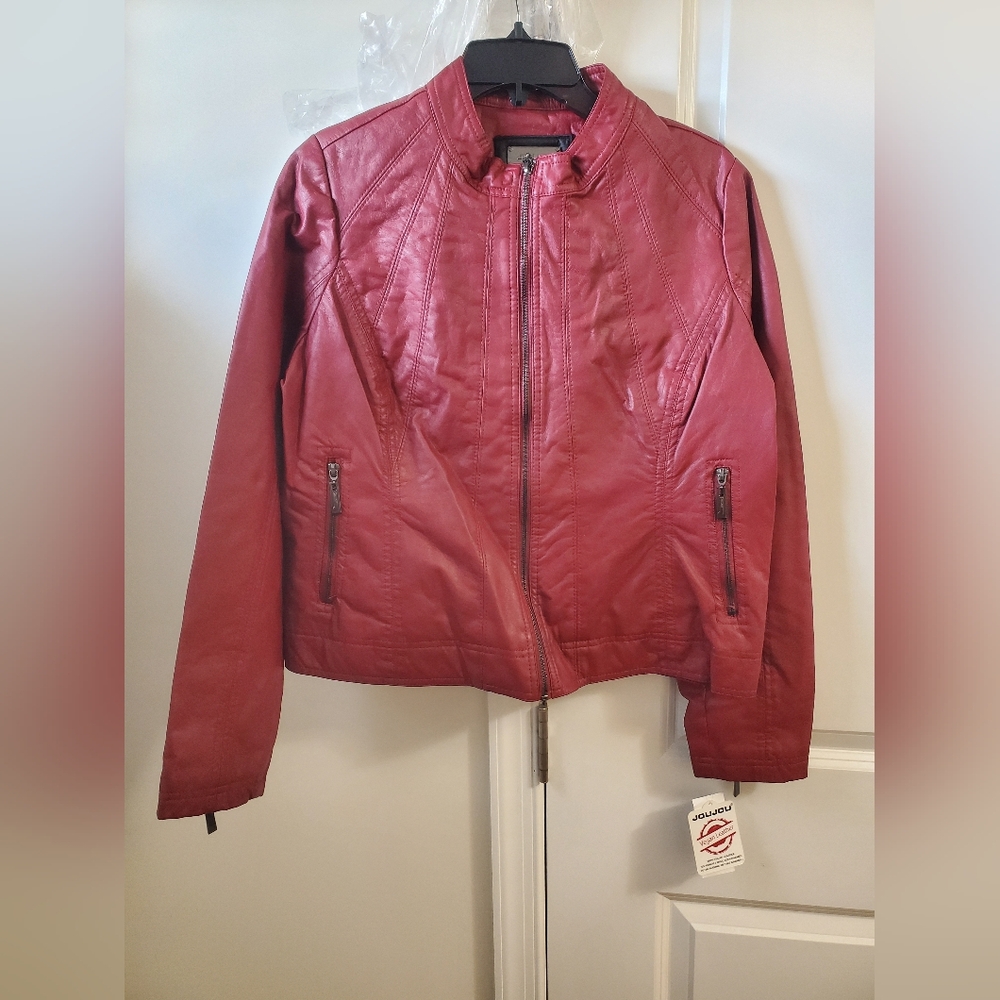 Jou Jou Women's Burgundy-Ruby Red Vegan Leather Jacket Sz XXL